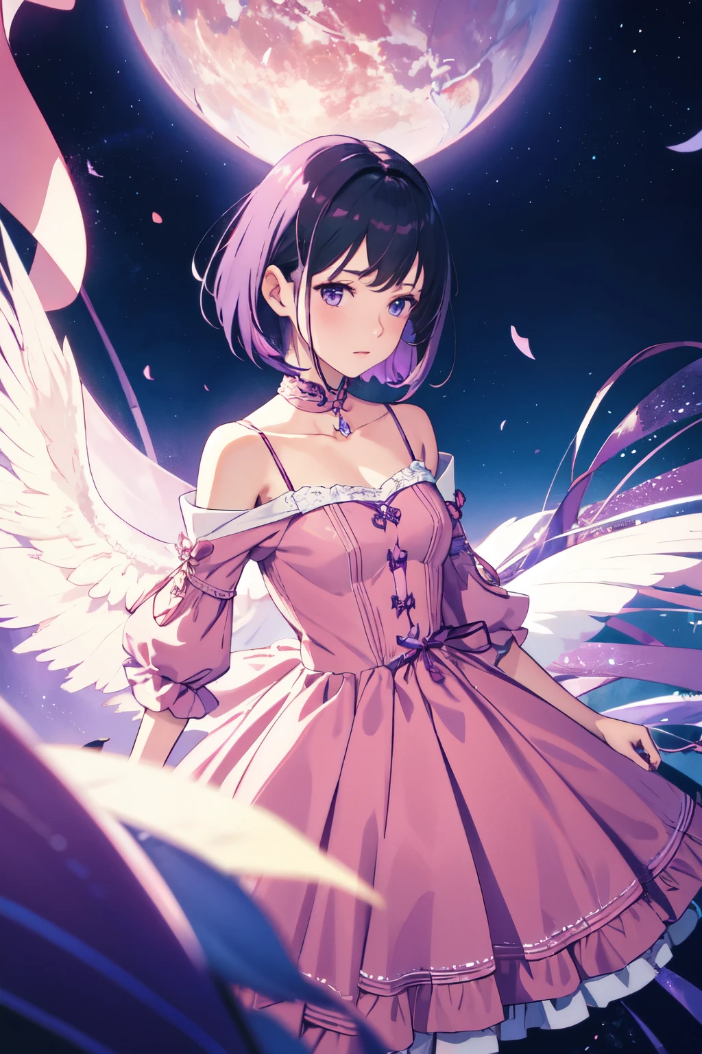 Girl with short purple hair in pink dress, beautiful advanced background in purple color, Ultra-high image quality, looks away from the camera