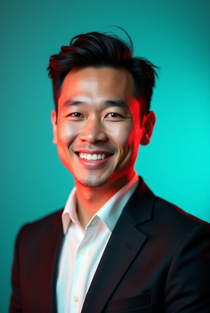 A professional LinkedIn profile shot of a young Asian man with a square-shaped face, dark hair, and a confident smile with short official hair cut. He is dressed in a tailored black blazer with a crisp white shirt, exuding a sense of sophistication and ambition. The background is an aqua-colored backdrop with a subtle red lighting effect, creating a dynamic and eye-catching composition. The overall tone of the image is modern and polished, perfect for a digital networking platform.