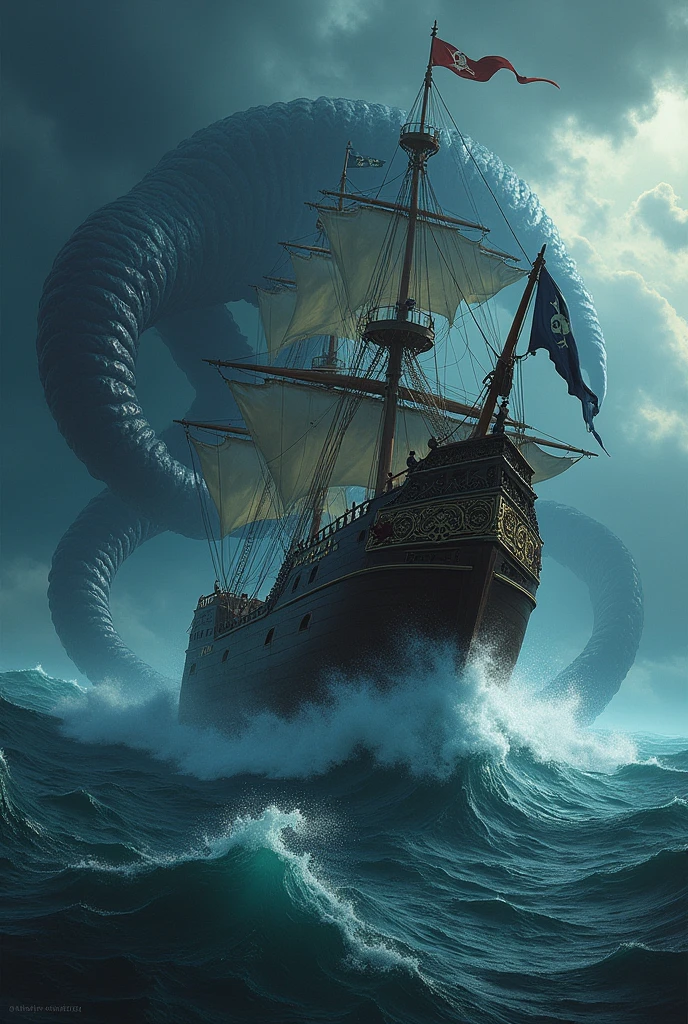 Easy picture to draw of a pirate ship with a Kraken