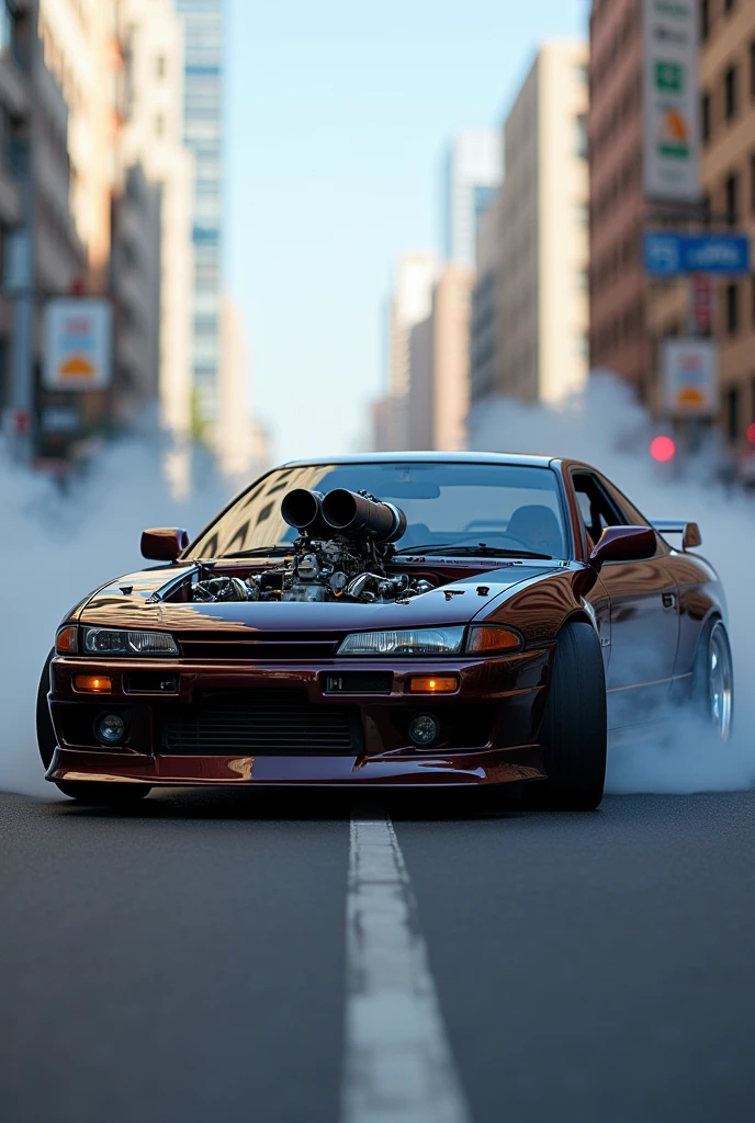 Generate a Nissan Silvia S14 vehicle with a turbo in plain sight doing skids 