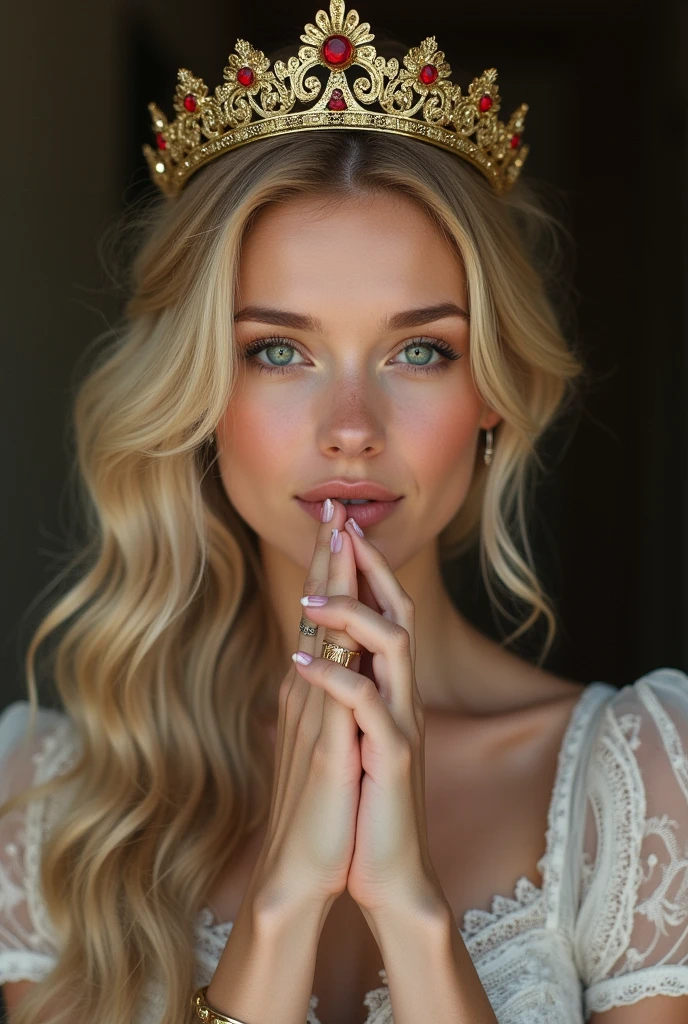 queen, blonde woman, small brest, small ass, blue eyes, crown, ring