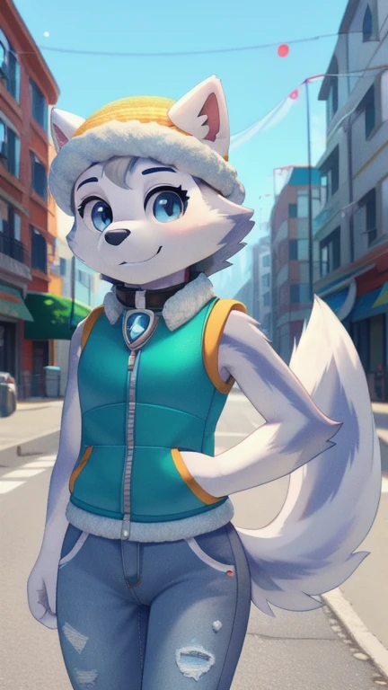 Everest, husky dog, furry girl, blue eyes, gray hair, spiky hair, two tone body fur, gray body fur, white body fur, grat hair, detailed body fur, detailed body, detailed face, detailed eyes, glistering body, shiny body, skinny, (best quality), cinematic lighting, looking at viewer, anime style, full body, feets with three toes, street, clear sky, 1girl, :3, tiny body, short body, anthro, {everestpawpatrol}, everest \(paw patrol\), raised tail, tailwag, hat, collar, vest, clothed animal, ((solo)), standing, jeans