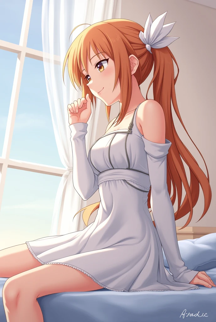 asuna, asuna_(sao), 1girl, fantasy, highres, looking_away, looking_to_the_side, original, realistic, scenery, Close-up, upper_body, smiling, action pose,on_bed,