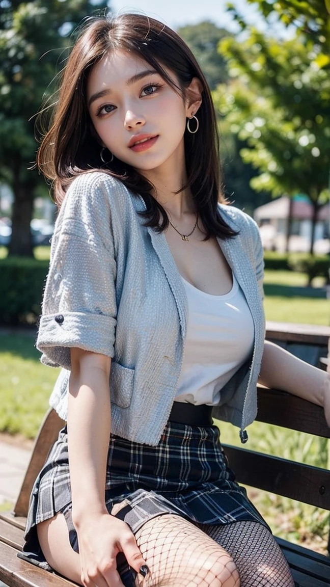 (Beautiful girl sitting on a bench in a flower garden), ((Surrounded by lots of marigolds)), (masterpiece:1.3), light makeup, red lips, beautiful hair, Black hair, (Long bob hair:1.3), elegant, soft lighting, Very fine details, masterworks, authentic texture, perfect work, (1 girl), (One Woman), 16k, high resolution, exquisite features, brown eyes, (Ultra-high resolution eye:1.1), Japanese idol, beautiful face, ((artists work)), (gentle smile like a goddess), attractive, well-shaped breasts, beautiful cleavage, shiny skin, smooth skin, BREAK, (Wear a short-sleeved summer jacket over a Fishnet bodystocking:1.3), BREAK, (Madras check mini skirt:1.3), earrings, necklace, BREAK, upper body, (Sitting position), (open legs), (Sitting with legs crossed:1.3), (lovely smile), ((Asking for a kiss:1.2)), ((Reaching out)), (Reach out to invite your audience in), (Low Angle Shot:1.2), Shooting from close to the ground