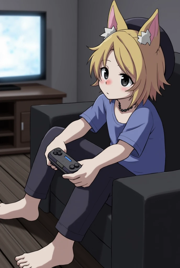 1boy, furry, blonde hair, furry male, animal ears, hair ornament, dog ears, dog boy, black eyes, heart hair ornament, blue shirt, body fur, animal nose, hairclip, swept bangs, pants, beanie, black couch, living room, playing video game, crt television, sitting on floor, holding game controller, naked