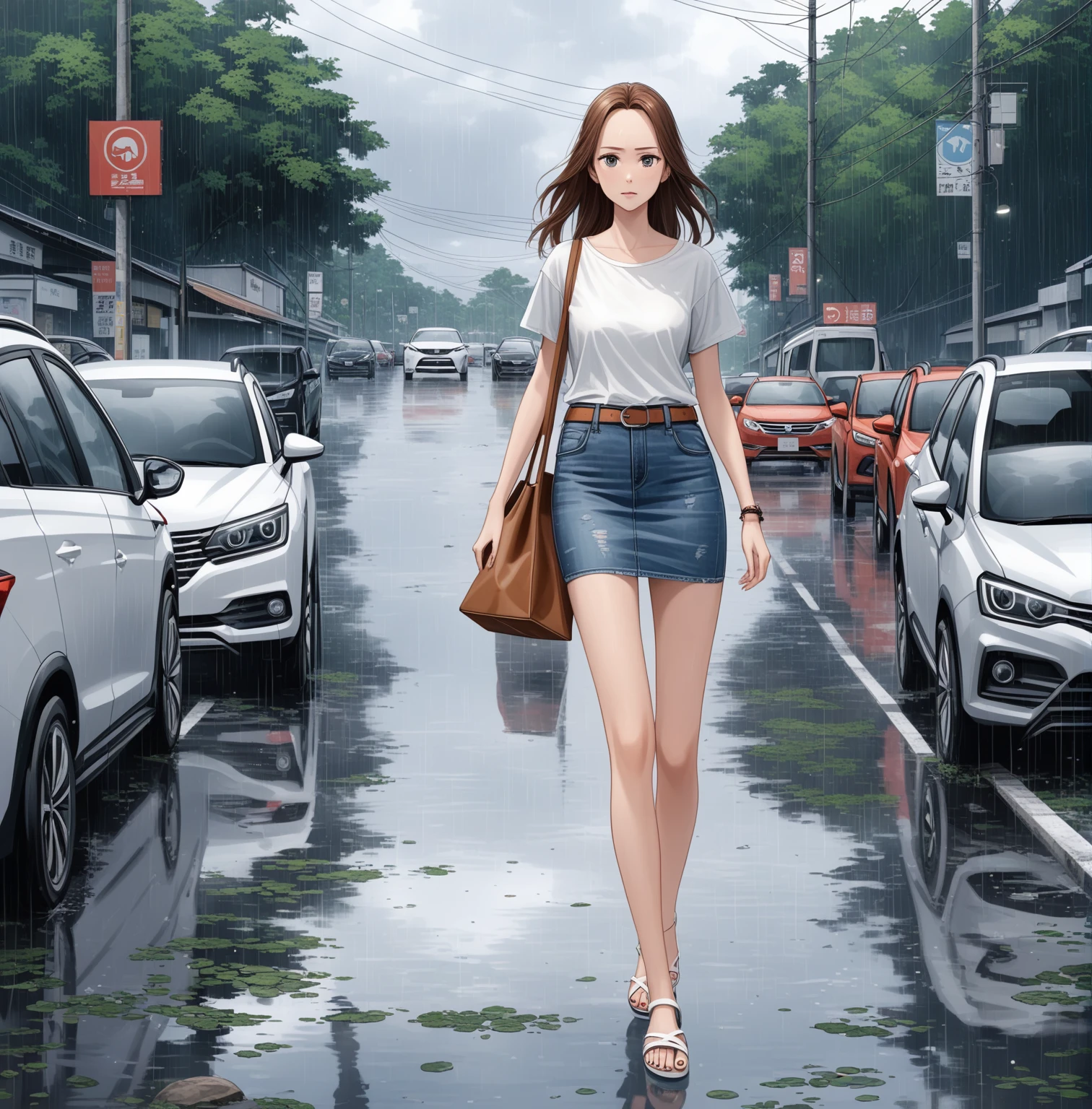 realistic anime illustration of working woman is walking to office on swamp road in rainy day, carrying bag, cars and motorbikes on parking lots, she has brown shoulder length hair (+forehead),  wearing  white t-shirt, navy-blue denim mini skirt with belt,  and white sandals, (1girl, solo,full body), (masterpiece, best quality, japanese anime style), (expressive eyes, perfect face), (perfect car shape)