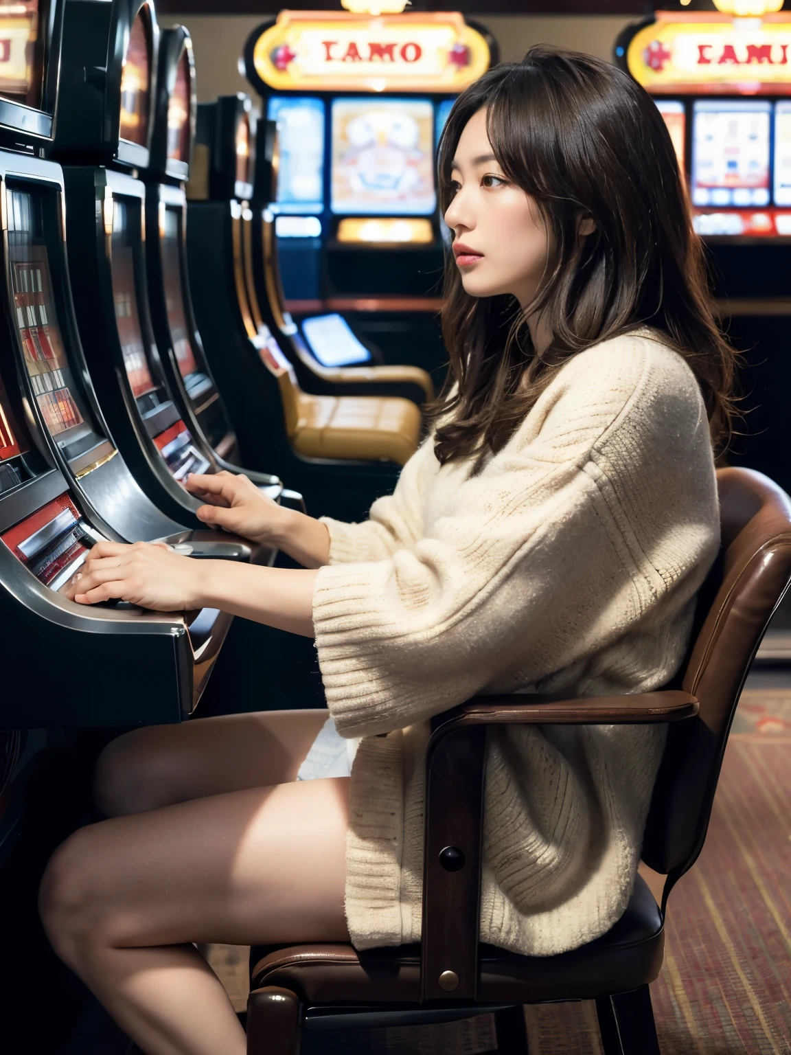 profile, 1 girl, mature female, solo ,beautiful face, Japanese girl ,(middle hair, light brown, fringe, little lip, serious ) play gamble, in casino, sitting play on chair, play Slot machine, ((anatomically correct, textured skin, masterpiece, Highest quality, masterpiece, God-like quality, Godly art, Very realistic))