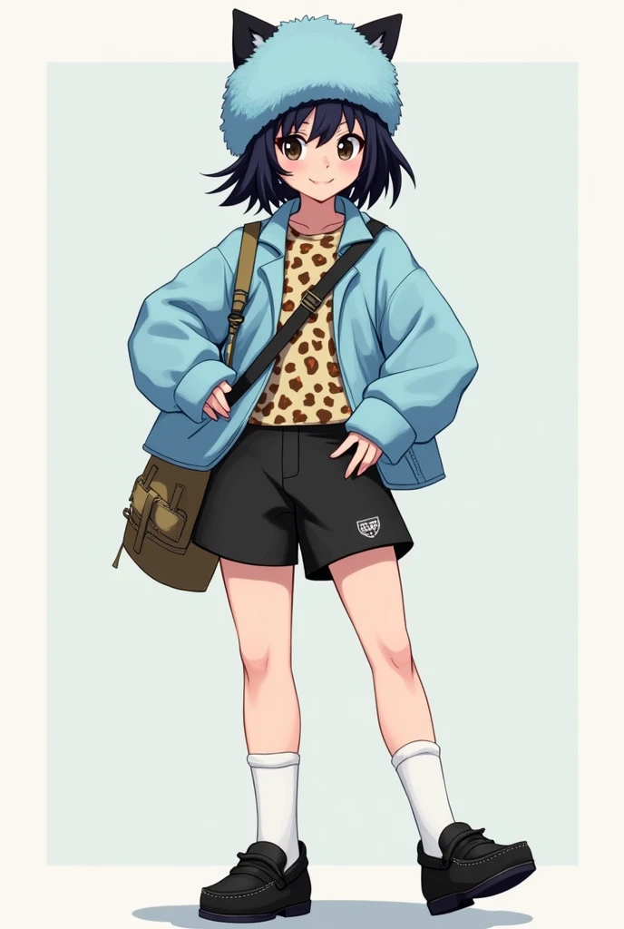 Female character with shoulder-length black wolf cut hair and a light blue Russian plush hat , Black shorts with white high socks and black moccasin shoes and a leopard print shirt and a light blue sweater