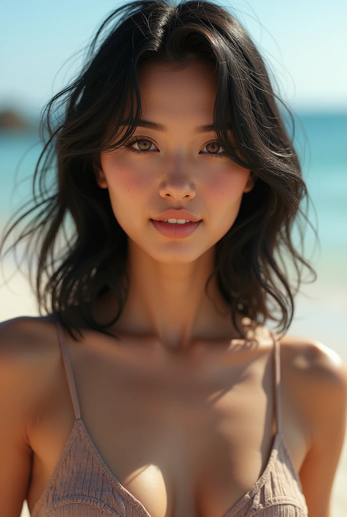 ((Best quality)),(masterpiece) hyperrealistic, (high-resolution), (8k) , Portrait of A confident-looking (brunette girl) with medium black hair, hazel and brown eyes,High-quality face, (c-cup breasts),(realistic skin texture:1:3,bokeh, Sydney Sweeney:0.5, Pascale Hutton:0.7, Teresa Palmer:0.8, perfect composition, hyperrealistic, super detailed, 8k, high quality, trending art, trending on artstation, sharp focus, studio photo, intricate details, highly detailed, wearing a (t-shirt and sexy shorts),f2, 35m,(fuji color:1.5),film grain,bright light:1.2, immersive atmosphere, blurring,chiaroscuro:1.2,at the beach , very detailed face,Her eyes should be expressive and vivid, with well-defined lashes and a hint of light reflection in the pupils,Her eyebrows should be well-shaped and natural, complementing the shape of her eyes,Her nose should be symmetrical and proportional to her face, with subtle shadows highlighting its contours,Her lips should be well-defined, with a natural color and a gentle, relaxed expression,Her skin should appear smooth and clear, with a healthy glow and visible texture,nclude subtle details such as fine lines, freckles, or beauty marks to enhance realism