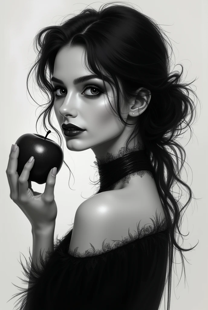 Un dessin en noir et blanc. It represents a woman, more precisely his face and his neck seen in profile. Son regard est diriger vers nous, Il est mystérieux. His smirk is enigmatic.. Face a son visage, un peu a distance, she is holding an apple. This apple represents temptation