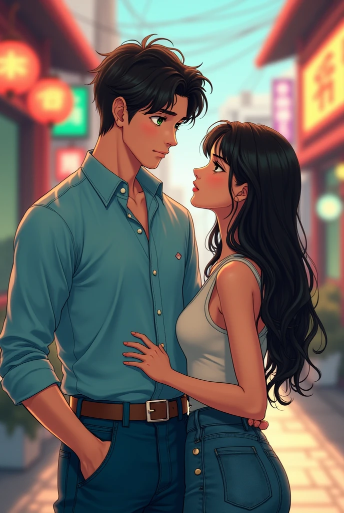 Boy with medium dark brown hair, Monica's Gang style and Japanese style with green eyes, light blue dress shirt with 3 buttons on the collar and jeans smiling with his mouth closed, embarrassed and 35 years old and Monica's Gang character tall with a beautiful woman on the side with long hair and him with his arm on her shoulder