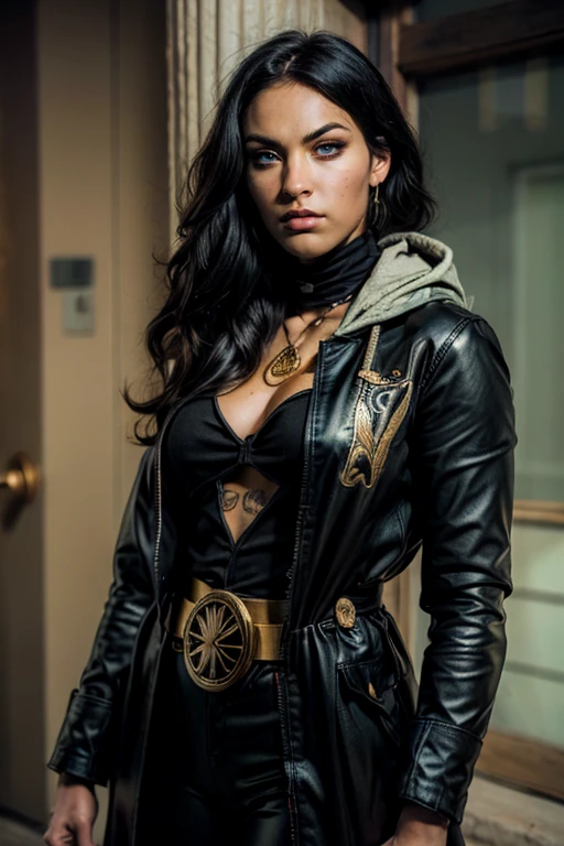 A female (Megan Fox)Upper body,with long black blue hair, upward-flipped,beautiful face, confident expression, green eyes, big massive breasts,exposed cleavage,she is hooded, a fantasy-style black hooded coat, black leather, gold shoulder guards, wide cuffs, asymmetrical hem, a gold belt buckle, dark leather  trousers, right hand resting behind back and  left hand raised, stands before a majestic fantasy-style spatial portal, this character embodies a finely crafted fantasy-style sage in anime style, exquisite and mature manga art style, high definition, best quality, highres, ultra-detailed, ultra-fine painting, extremely delicate, professional, perfect body proportions, golden ratio, anatomically correct, symmetrical face, extremely detailed eyes and face, high quality eyes, creativity, RAW photo, UHD, 32k, Natural light, cinematic lighting, masterpiece-anatomy-perfect, masterpiece:1.5