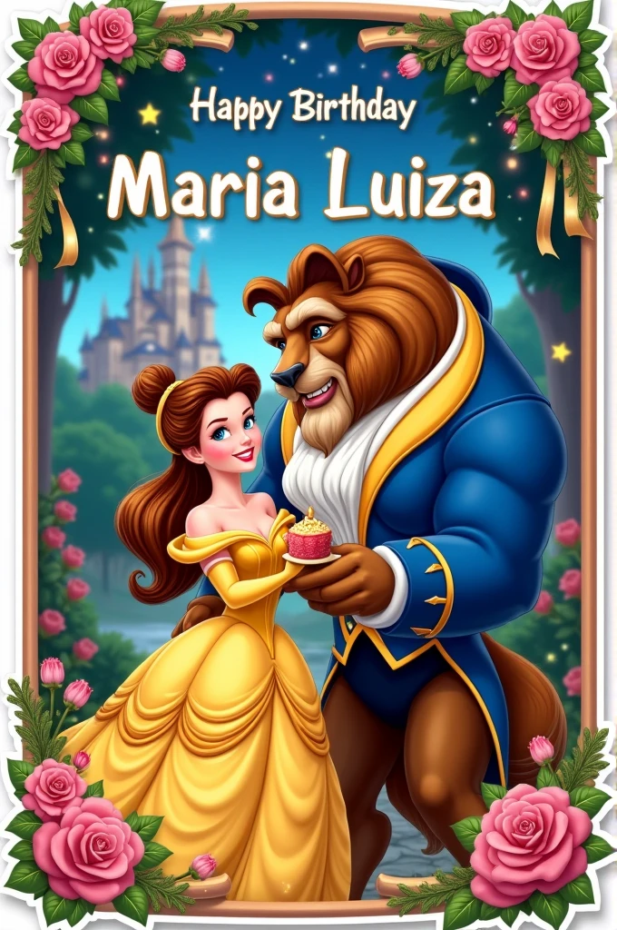 Horizontal rectangular sticker celebrating Maria Luiza's birthday with the theme of the cartoon Beauty and the Beast