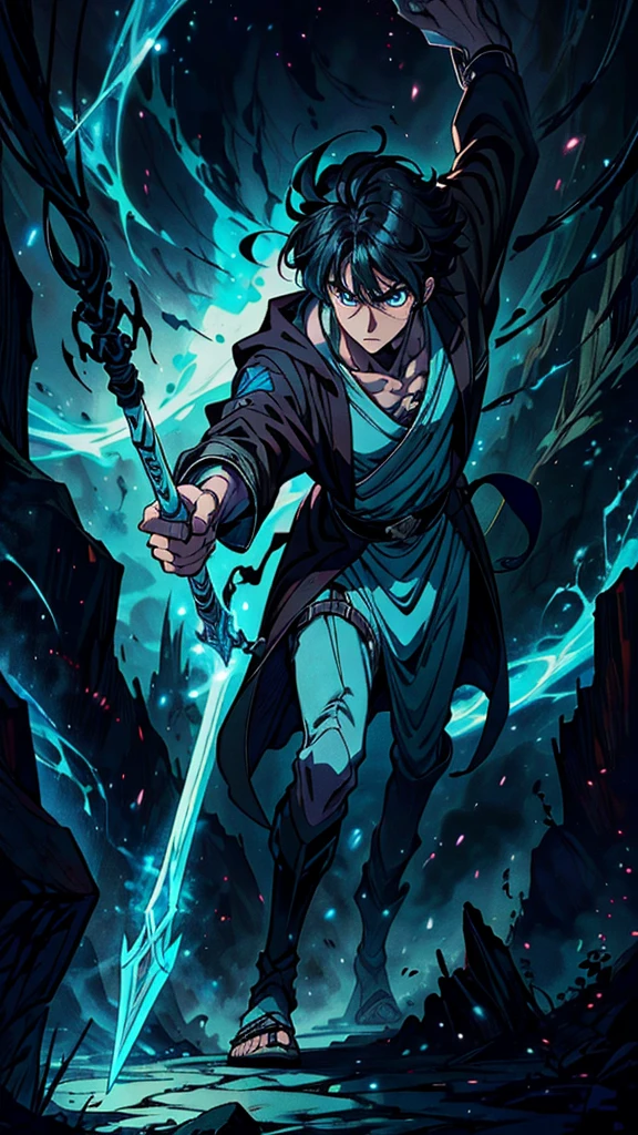 -High quality- -masterpiece- -Anime style- a man with black hair, light blue eyes, handsome, slim, wearing a brown wizard's robe, holding a long magic staff, walking around a dark cave with scary spiders, serious expression, having a lot of aura