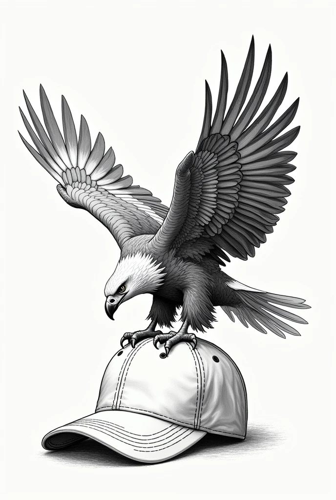 Generate a sketch of an eagle standing on a baseball cap 