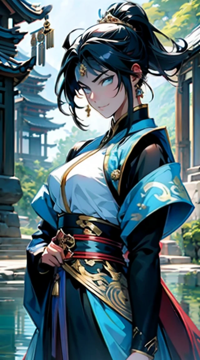 perfect face, face cold, random expressions,random action, ancient japanese architecture,pond, a close up of a woman in a dress holding a sword, by Yang J, Anime fantasy illustration, 2. 5 D CGI anime fantasy artwork, Chinese fantasy, xianxia fantasy, author：Fan Qi, Inspired by Lan Ying, trending digital fantasy art, Beautiful character painting, Fantasy art style, a beautiful fantasy empress, inspired by Wu Bin, Inspired by Ai Xuan,Two dimensions，anime style，one person（male warrior），proportions are correct，facial details，swordsman，high ponytail hairstyle，neck detail，Have an Adam&#39;s apple，Black and gold rob，Black and gold robe，clothing details，Hand over，long sleeves，Game quality，fencing，Ray tracing，Ray tracing，Detailed glow，CG rendering，hair details，Long black and blond hair，Black-gold eyes，Handsome，Handsome，（Youthful feeling），Costumes are complicated，Perfect composition，refine，high quality，higher detailany details，Complex background，a sense of atmosphere，