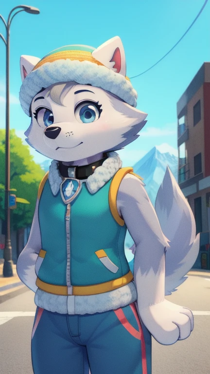 Everest, husky dog, furry girl, blue eyes, gray hair, spiky hair, two tone body fur, gray body fur, white body fur, grat hair, detailed body fur, detailed body, detailed face, detailed eyes, glistering body, shiny body, skinny, (best quality), cinematic lighting, looking at viewer, anime style, full body, feets with three toes, street, clear sky, 1girl, :3, tiny body, short body, anthro, {everestpawpatrol}, everest \(paw patrol\), raised tail, tailwag, hat, collar, vest, clothed animal, ((solo)), standing, jersey pants, long pants