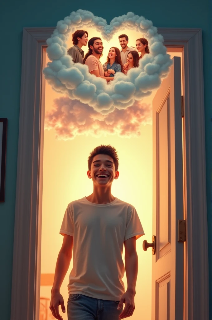 Give me a picture of a young man coming out of a closet with a lot of happiness and at the top, Show images with clouds and within them the family and the happy environment