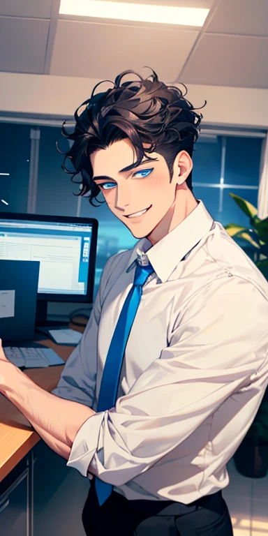 handsome 31 years old boy with black curly hair and small lips long nose. 1 man mature, male mature. Expression smile in love. Blue eyes, CEO, Office home.