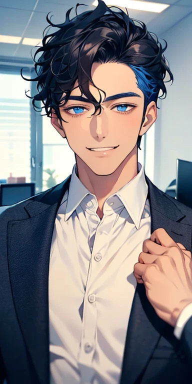 handsome 31 years old boy with black curly hair and small lips long nose. 1 man mature, male mature. Expression smile in love. Blue eyes, CEO, Office home.