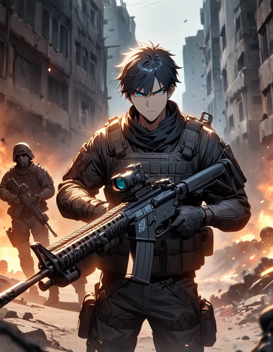 Masterpiece, best quality, 1 man, 30 year old man, focus man, alone, alone focus, black hair, Turquoise eyes, black bulletproof vest, Mercenaries, (holding an assault rifle), Standing position, Standing shooting position, Battlefield backdrop, War zone, serious, solemn face, Dangerous atmosphere