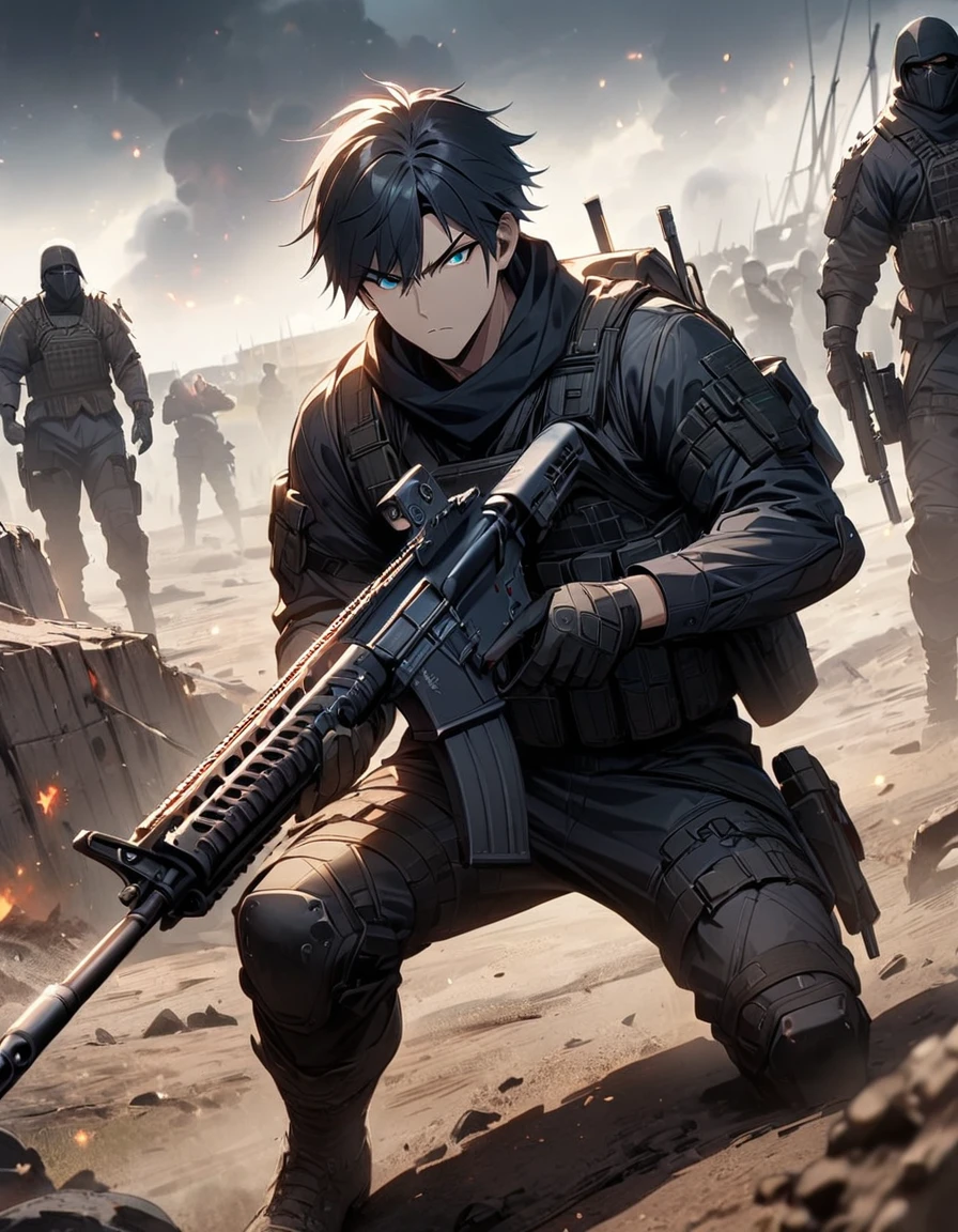 Masterpiece, best quality, 1 man, 30 year old man, focus man, alone, alone focus, black hair, Turquoise eyes, black bulletproof vest, Mercenaries, (holding an assault rifle), Standing position, Standing shooting position, Battlefield backdrop, War zone, serious, solemn face, Dangerous atmosphere