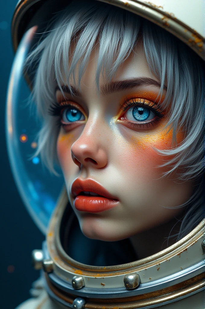 (Close-up of a better masterpiece:1.5)0.9], (Space and astronauts:1.2) (Messy silver hair:1.1) (Heterochromia xanthochromia and blue eyes:1.2) (Space Helmet:1.0) (Colored stars in the eyes:1.0) (A radiant glow:1.1) (thick lips:0.9)