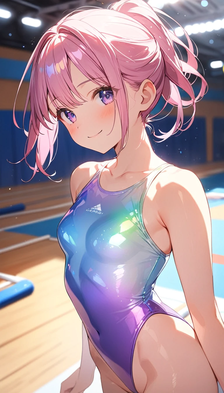 highquality illustration, masterpiece, very delicate and beautiful, attractive girl,(gymnastics leotard,long sleeve leotard with glittery decoration,high_leg leotard,athletic leotard,tight-fit leotard,iridescent gradient leotard,long sleeve leotard),thin,slender body,slim,high school,gymnasium background,gymnastics club,gymnastics athlete,princess, beautiful eyes,light smile,(masterpiece, best quality:1.2), highres, extremely detailed CG unity 8k wallpaper, perfect lighting, Colourful, ultra-high res,4K,ultra-detailed, photography, 8K, HDR, 17 ages,cowboy shot,