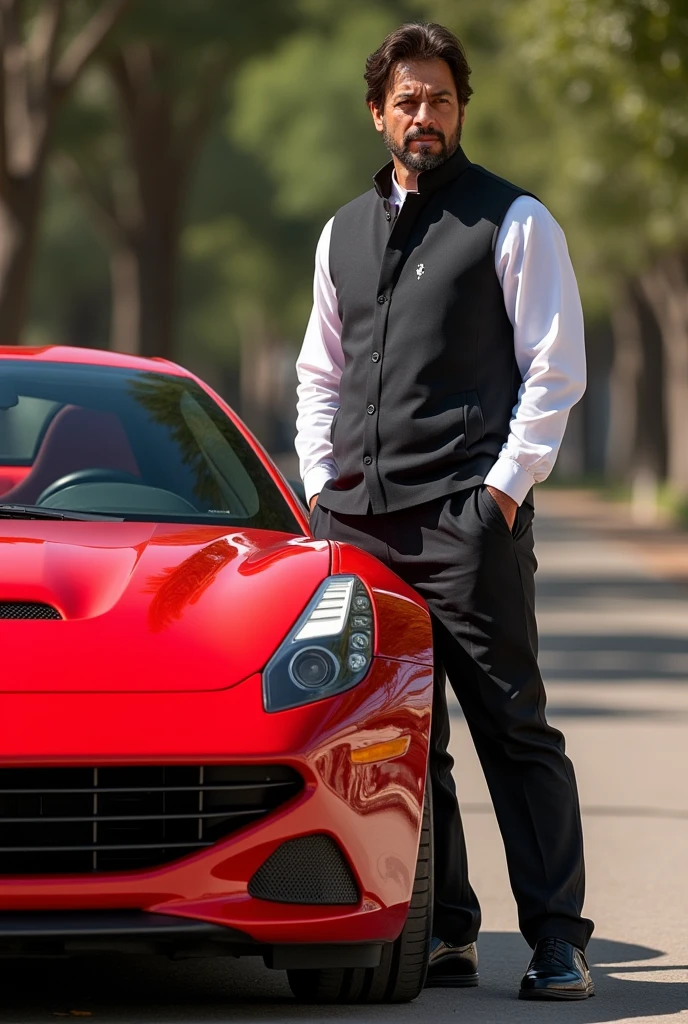 The Pakistan prime minister Imran Khan is standing red Ferrari sport car.