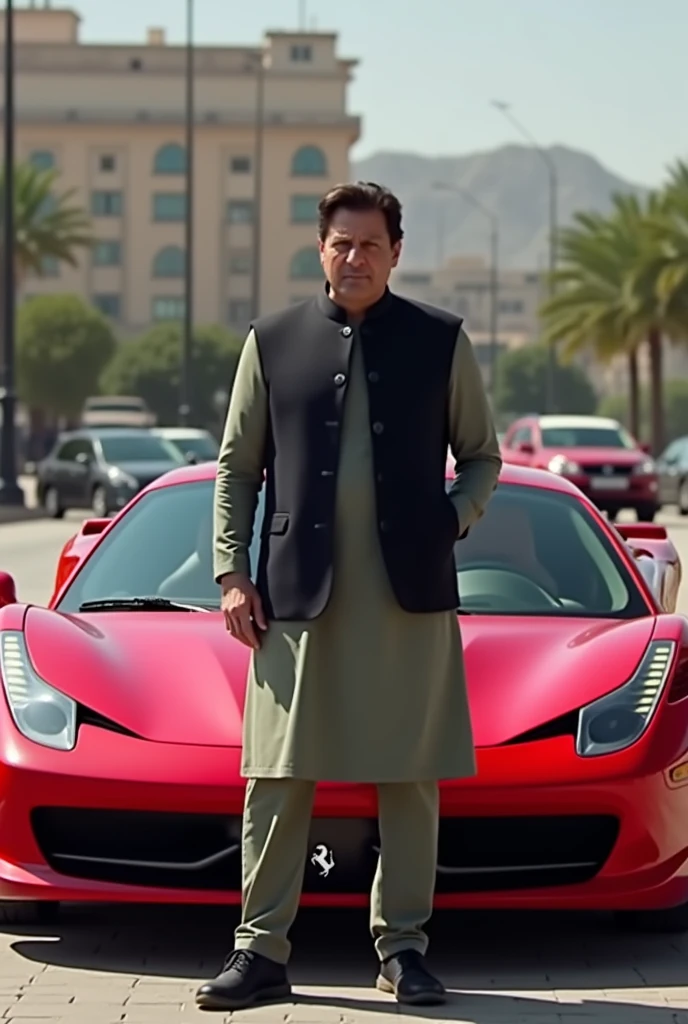 The Pakistan prime minister Imran Khan is standing red Ferrari sport car.