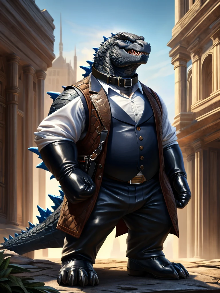 (high quality,4k,8k,highres,masterpiece:1.2),ultra-detailed,(realistic,photorealistic,photo-realistic:1.37), masterpiece,(intricate details), captivating artwork, artistically rendered, masterful strokes, attention to detail, tasteful composition, alluring charm, careful shading, great attention to anatomy, meticulous rendering, impeccable craftsmanship, vivid colors, perfect balance between realism and fantasy. Solo, Male, fat, extremely obese, gentleman, dapper Professor Godzilla, blue eyes, (posing:1.3), (soft shading), 4k, hi res, ((detailed face, detailed)), looking at viewer, mouth wide open, steampunk, collared shirt with buttons, top hat, male focus, Explorer Outfit, glasses, monocle, bag, vest with buttons, backpack, sleeves rolled up, round eyewear, brown headwear, brown vest, Godzilla is wearing a glossy leather dog collar around the neck, Godzilla is wearing the leather collar and shirt and vest at the same time, Godzilla is wearing glossy white rubber gloves on the hands, wearing white rubber gloves on the feet, gloves are rubber in texture, clenching teeth, clenching fists, leather collar is glossy and shiny with a lot of detail, Godzilla is wearing gloves and leather collar at the same time, leather collar has a round dog-tag, leather collar is thick and detailed.