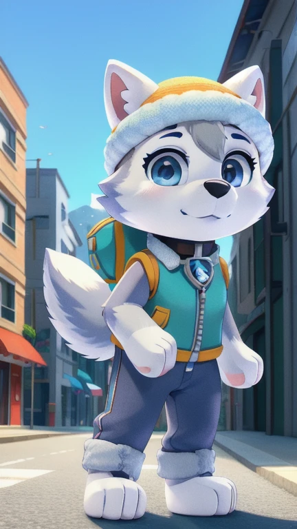 Everest, husky dog, furry girl, blue eyes, gray hair, spiky hair, two tone body fur, gray body fur, white body fur, grat hair, detailed body fur, detailed body, detailed face, detailed eyes, glistering body, shiny body, skinny, (best quality), cinematic lighting, looking at viewer, anime style, full body, feets with three toes, street, clear sky, 1girl, :3, tiny body, short body, anthro, {everestpawpatrol}, everest \(paw patrol\), raised tail, tailwag, hat, collar, vest, clothed animal, ((solo)), standing, jersey pants, long pants, gloves, boots