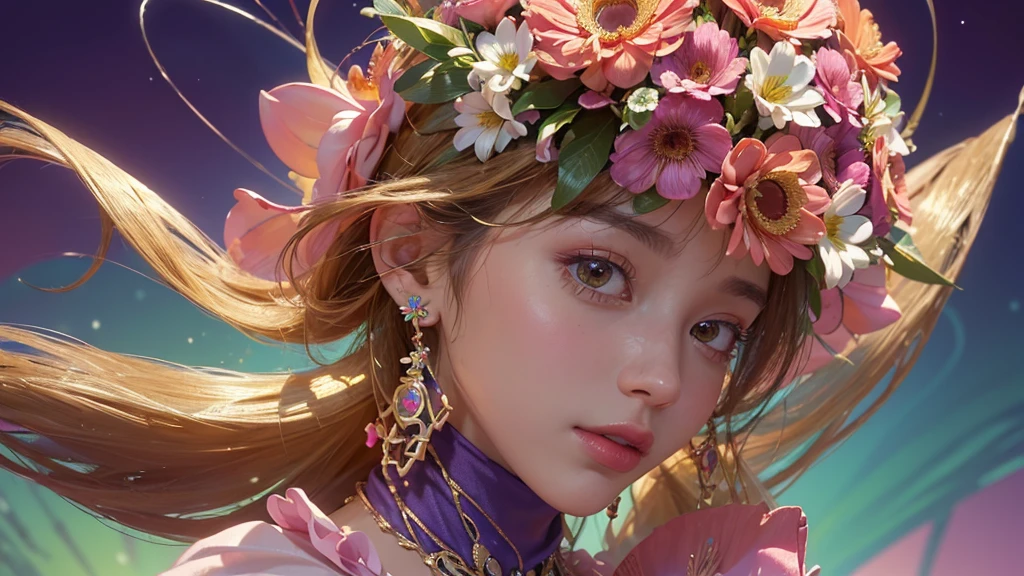 32K, 最高quality, 最高masterpiece, (ultra-Detailed Background, Detailed Background), High resolution, Super detailed, Very detailedな, One girl, (bouquet:1.3), (Tangled:1.2), (Geometric:1.2),(colorful),(masterpiece, quality, best quality, Official Art, Beautiful and beautiful:1.2), (1 girl:1.3), Very detailed,(colorful:1.1)(Flowers:1.3),Most detailed,(Tangled:1.2), whole body, (Abstract background:1.3), (Skin glows), (Many colors:1.4), ,(Earrings Jewelry:1.5), Pink Background,