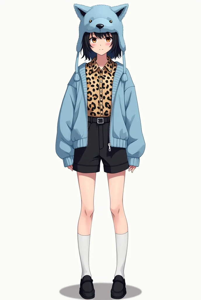 Female character with shoulder-length black wolf cut hair and a light blue Russian plush hat , Black shorts with white high socks and black moccasin shoes and a leopard print shirt and a light blue sweater