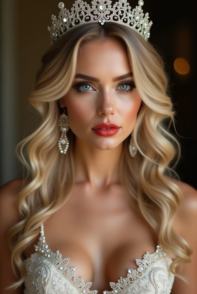 queen, blonde woman, small brest, small ass, blue eyes, crown, ring, red lips makeup, neckline, cleavage, perfect face