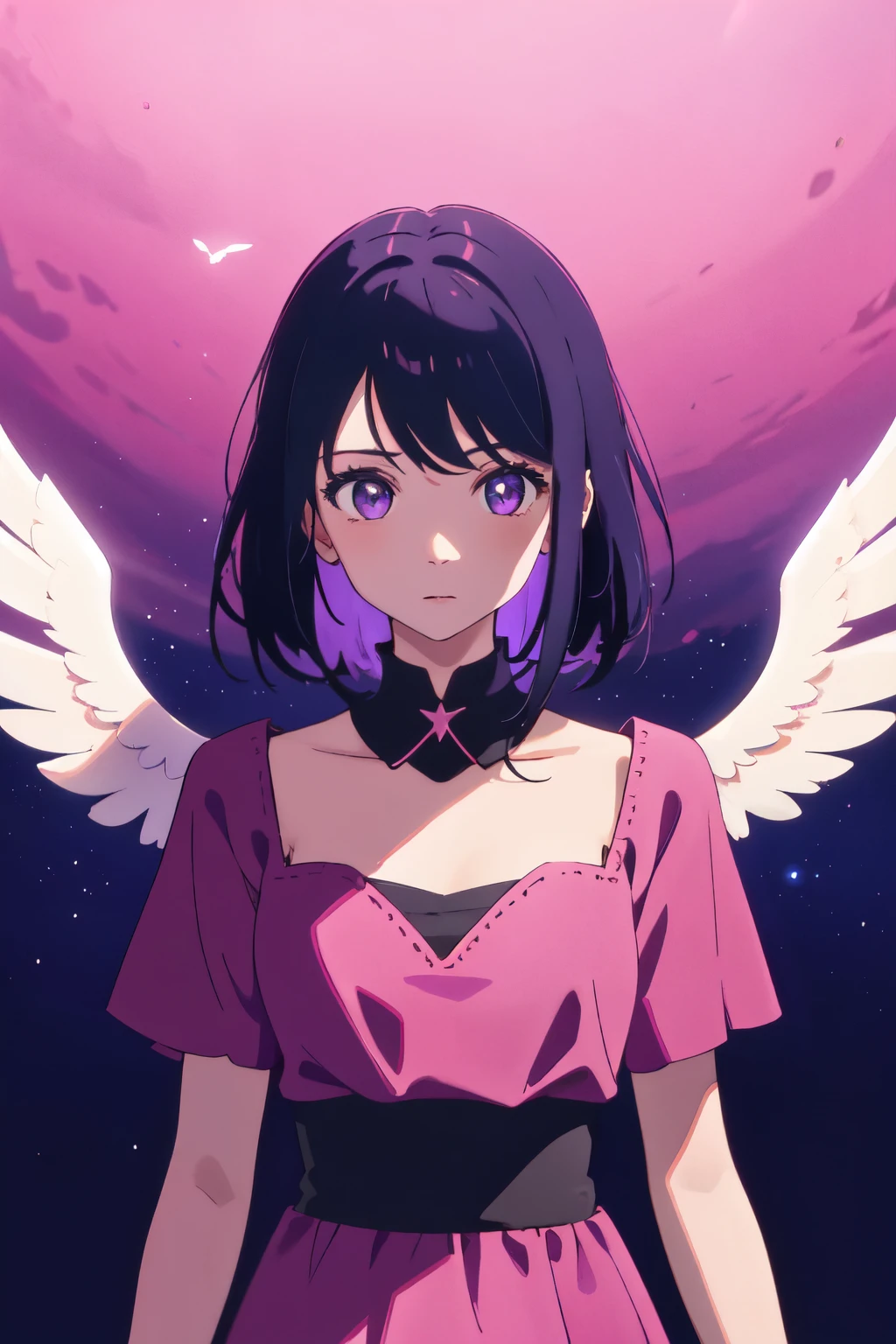 Girl with short purple hair in pink dress, beautiful advanced background in purple color, Ultra-high image quality, looks away from the camera, wings "an angel"