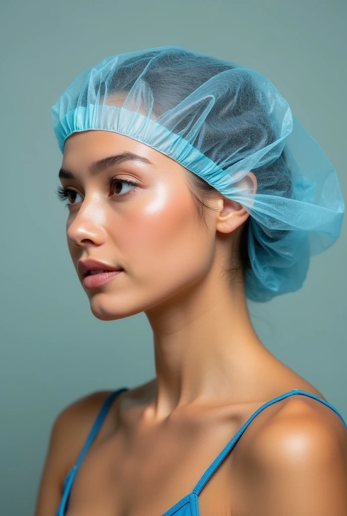 Keep the same image generated previously but include a disposable cap on the woman's head