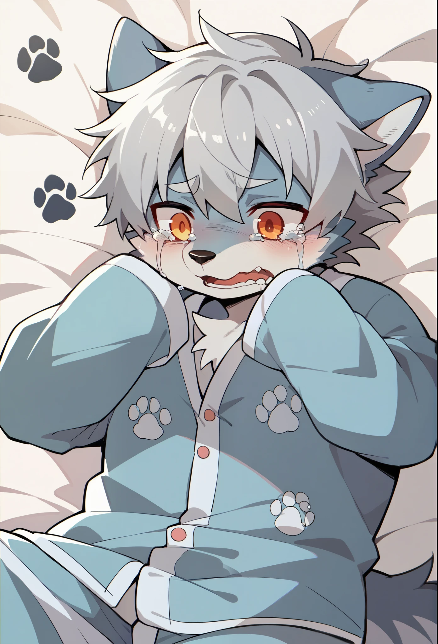 (Light blue fur,Gray Hair,)participate,Footprint clothes,Pajama Clothing,Wolf,cry,大声でcry,Tears galore,(Light blue fur,Gray Hair