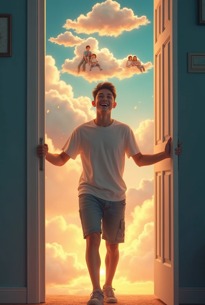 Give me a picture of a young man coming out of a closet with a lot of happiness and at the top, Show images with clouds and within them the family and the happy environment 