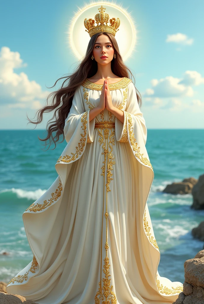 animated illustration, Virgin of the valley of Venezuela , with royal style crown, with brown hair, white dress and lots of gold details on the dress, with praying hands, the sea in the background