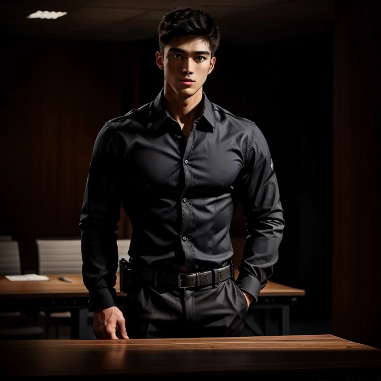 1man, a very handsome young man, standing in front of an interrogation table, on a black background