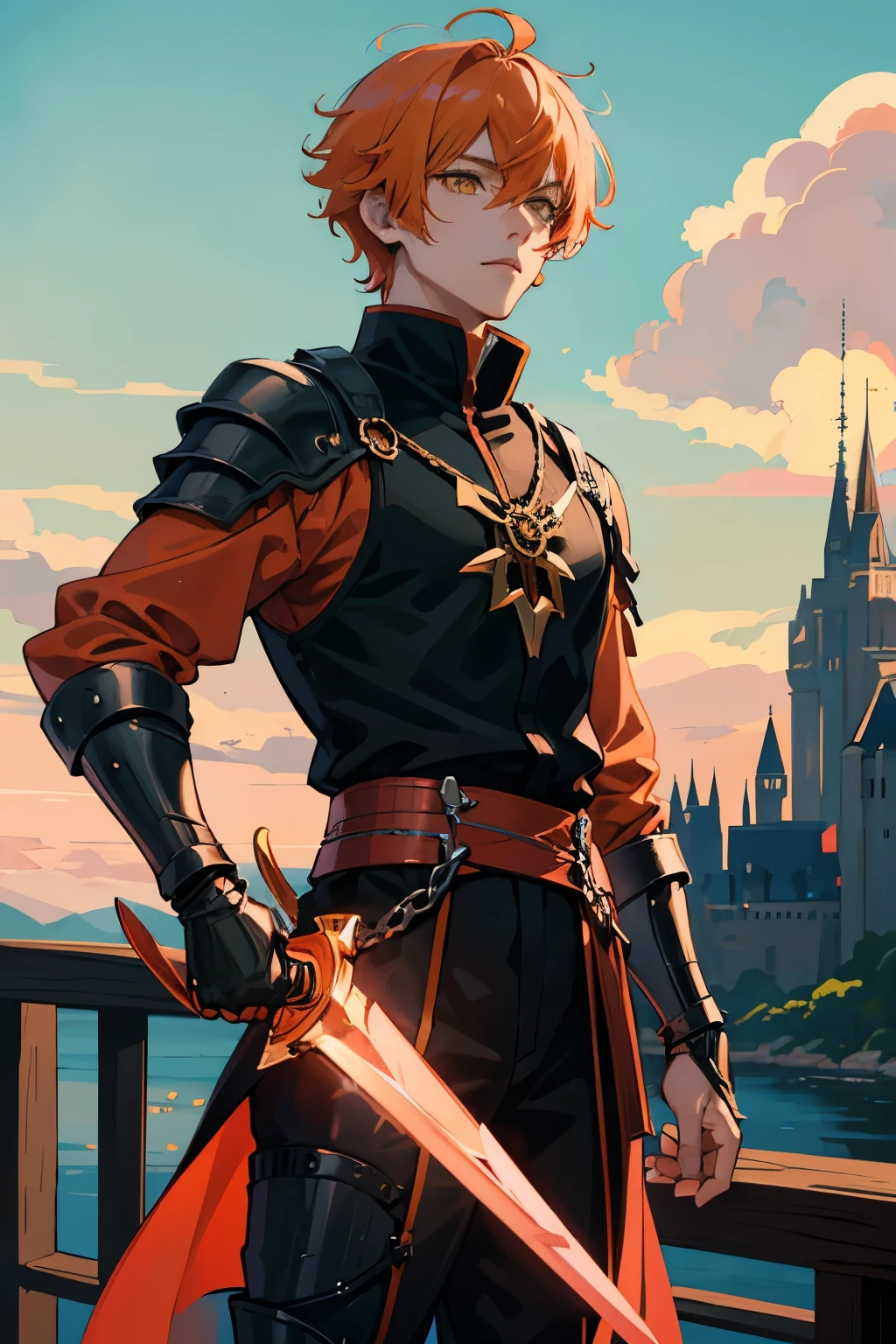 Anime Male, Salmon Pink Orange Hair, Shaggy Short Hair, Left Part Bangs, Holding onto a Eldritch Sword, Yellow focused eyes, calm looking face, black gold and red armor, behind a giant castle