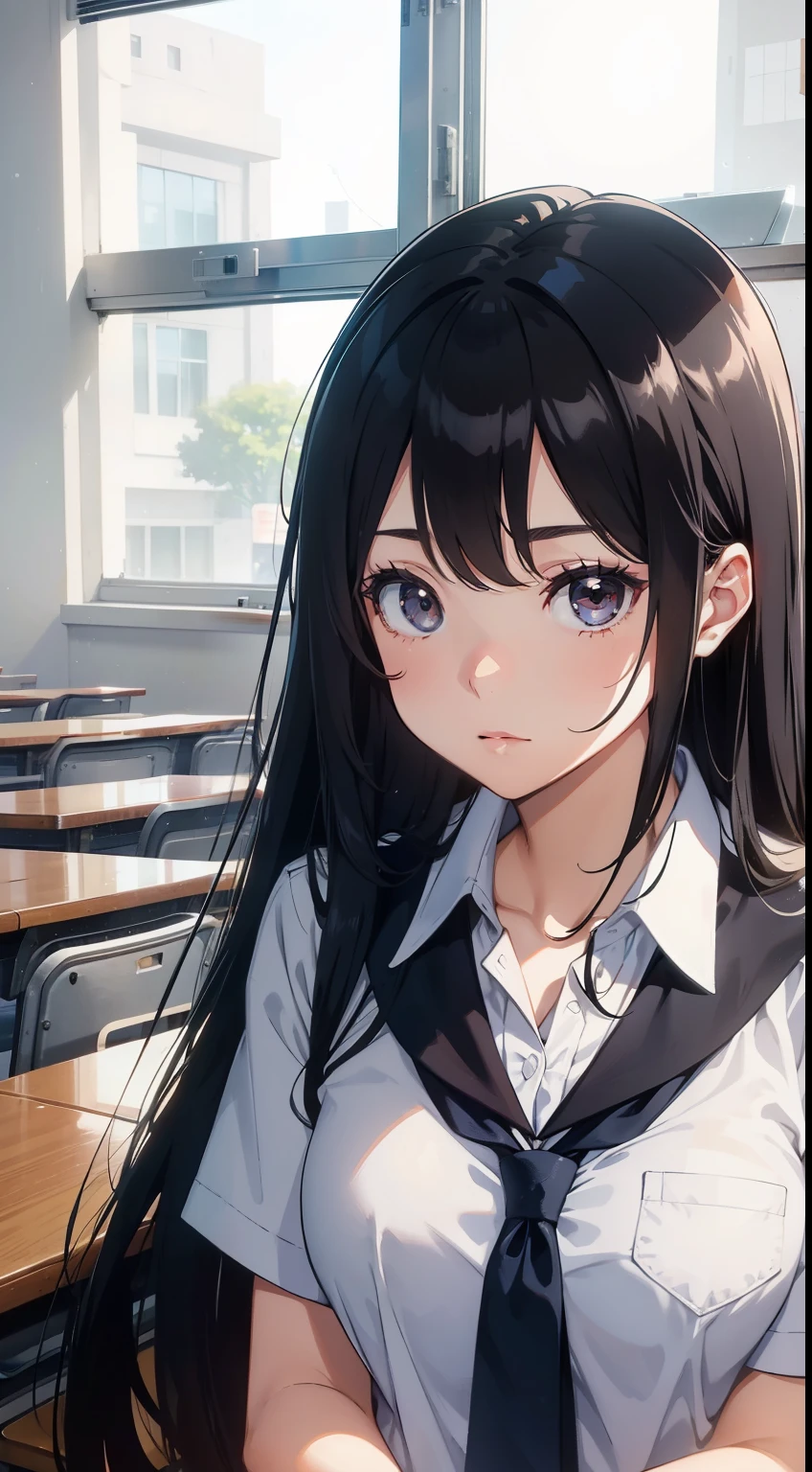 A female high school student,at class room,Learn,earnest,high qulity,high detal,High picture quality,portraitures, stoic, long black hair