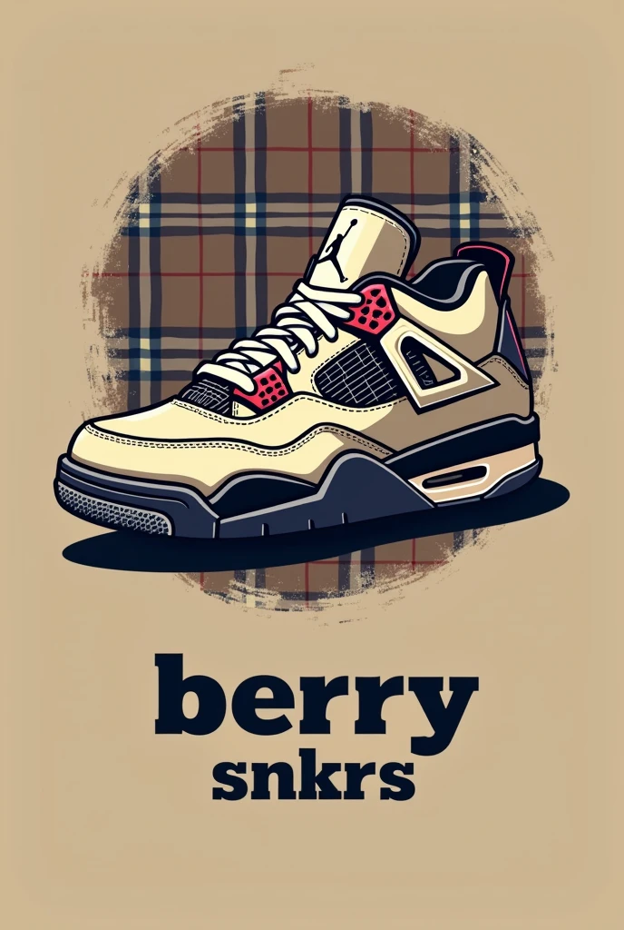 Create a logo with the Burberry color palette, In the middle a Jordan Retro 4 sneaker and in front a logo that says "berry snkrs"