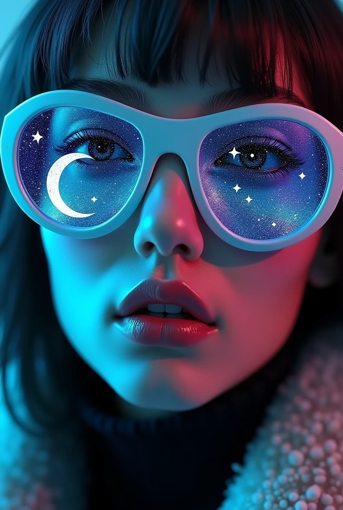 The model is wearing glass sunglasses with stars and the moon on the glass