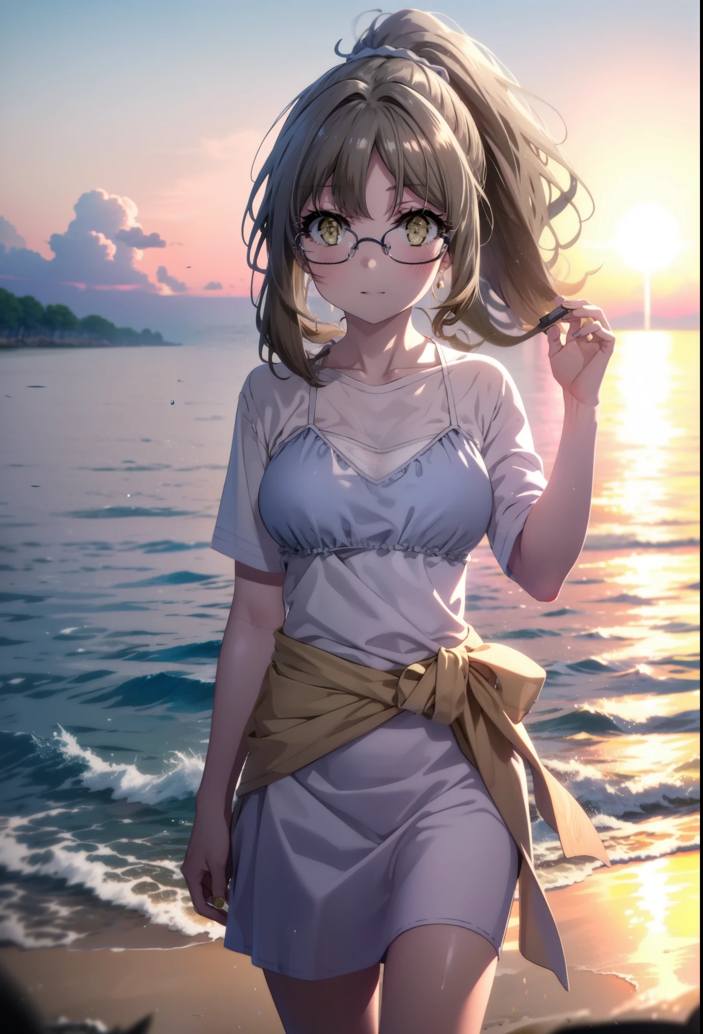 Riofutaba, Rio Futaba, Long Hair, Brown Hair, (Brown eyes:1.5),smile,blush, ponytail,Glasses,Straw hat,Black bikini string swimsuit,A thin long skirt is wrapped around her waist,barefoot,Sandy Beachを散歩している,morning,morning陽,The sun is rising,whole bodyがイラストに入るように,
break outdoors, Beach,Sandy Beach,
break looking at viewer, whole body,(Cowboy Shot:1.5),
break (masterpiece:1.2), Highest quality, High resolution, unity 8k wallpaper, (figure:0.8), (Beautiful attention to detail:1.6), Highly detailed face, Perfect lighting, Highly detailed CG, (Perfect hands, Perfect Anatomy),
