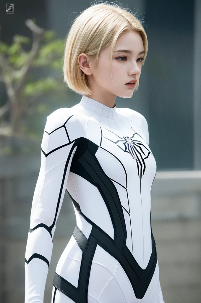 18 yo girl, white spider man suit, short blunt hair, blonde, beautiful face, rain, roof, masterpiece, intricate detail, perfect anatomy, redhead, photo realistic