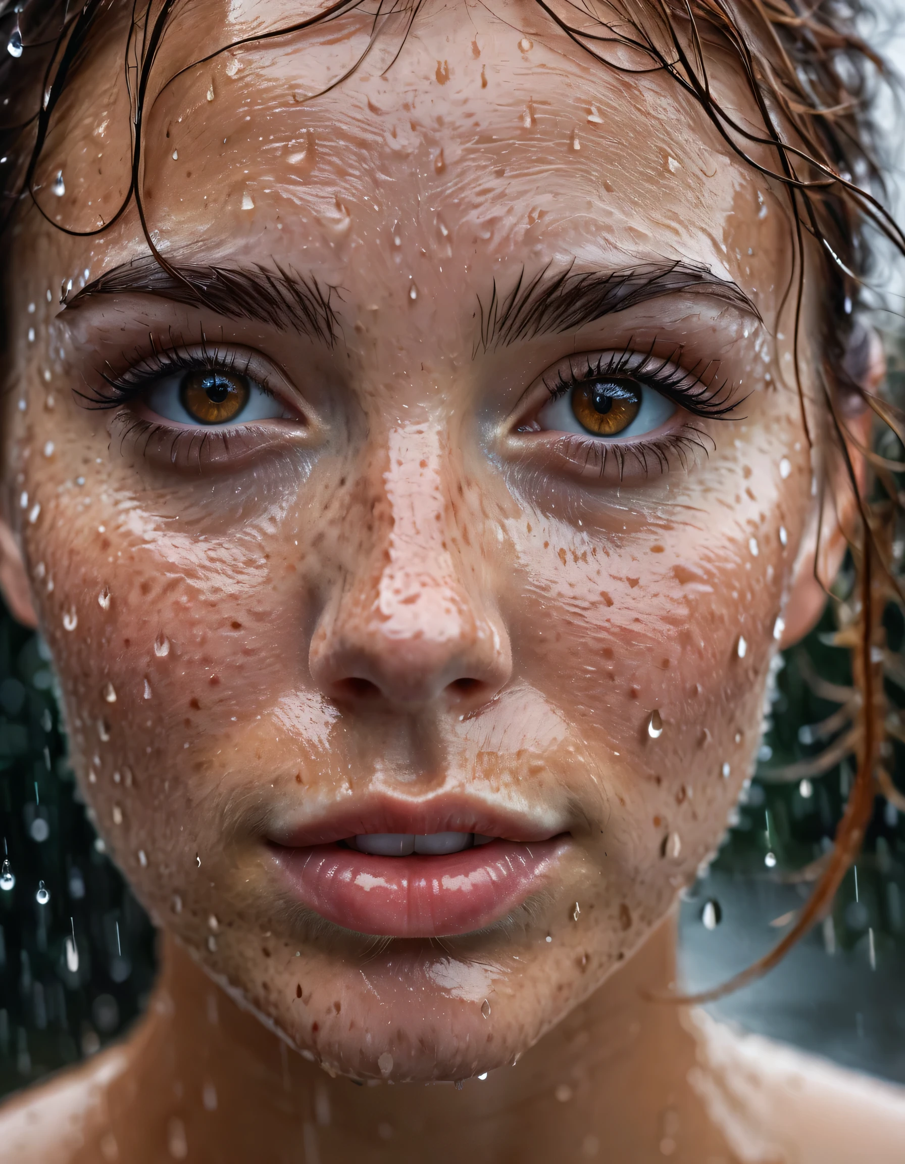 portrait photography, dutch angle shot, a stunning woman's face with brown eyes and freckles covered in raindrops, raindroplets on her face, under rain, rainpunk, close up, Phantom High Speed camera, urban emotions, uhd image, moody, detailed facial features, realistic_skin, natural_skin --ar 16:9 --style raw --v 5.2