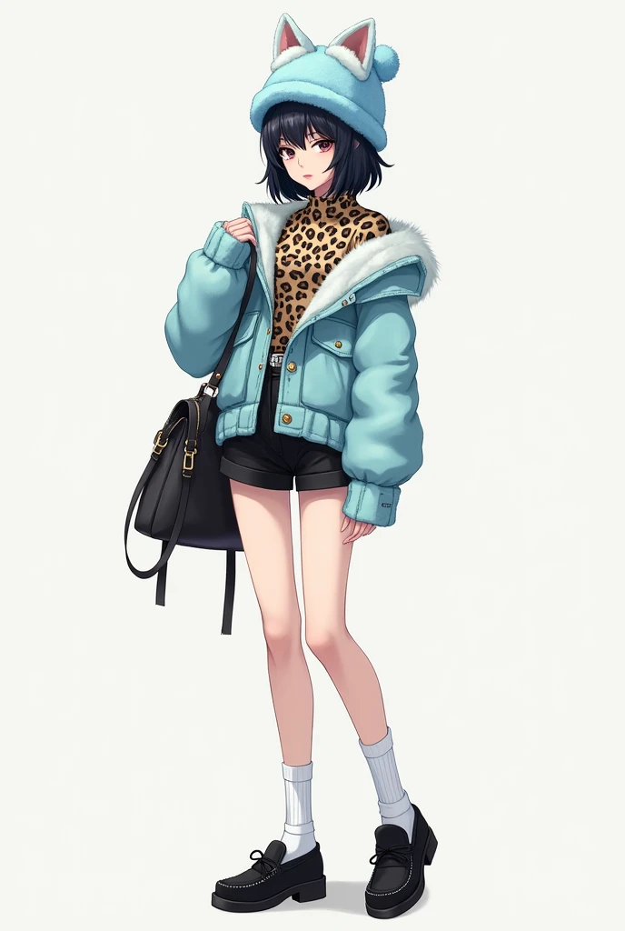 Female character with shoulder-length black wolf cut hair and a light blue Russian plush hat , Black shorts with white high socks and black moccasin shoes and a leopard print shirt and a light blue sweater