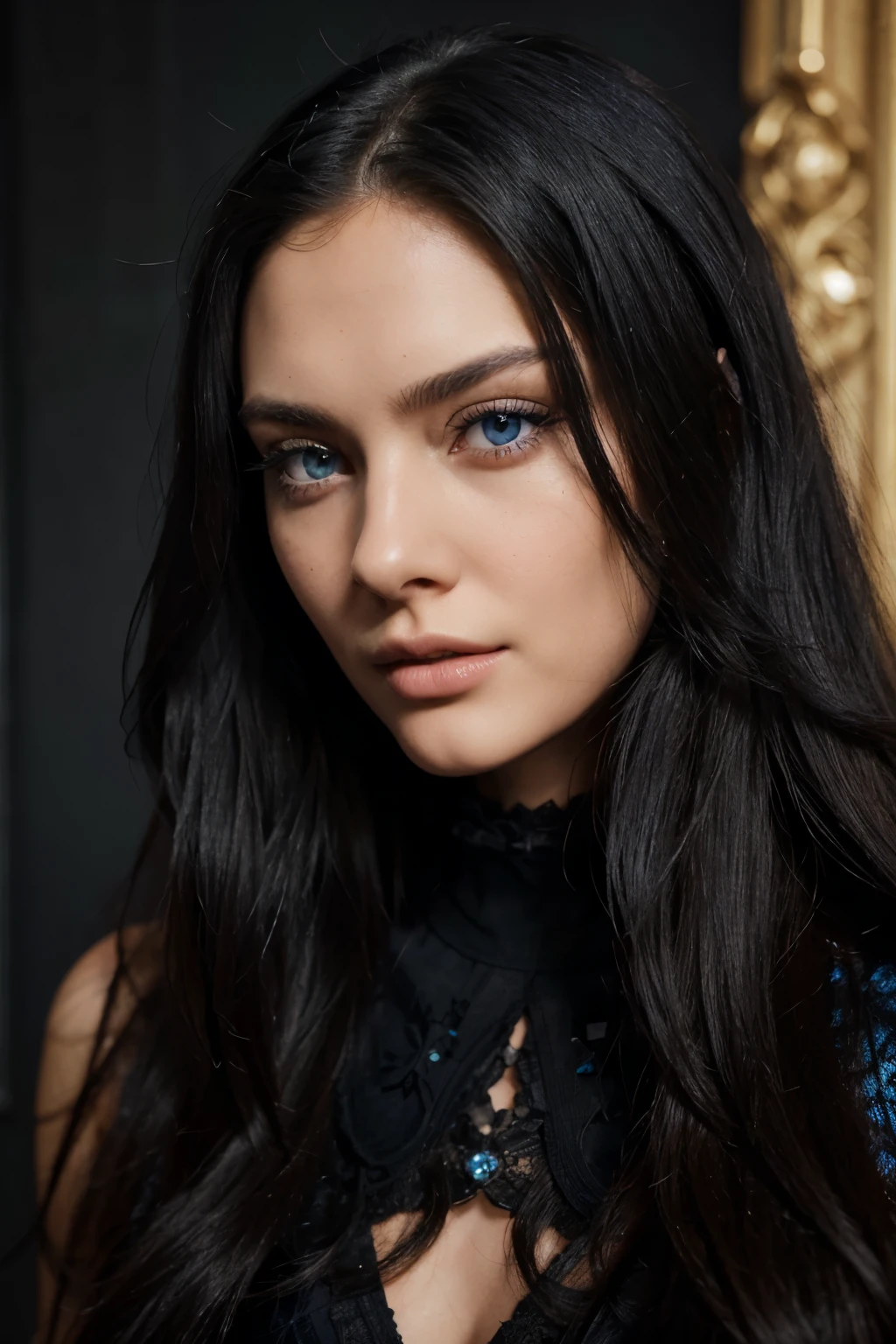 Black long hair big blue eyes model high fashion photo real hyperrealistic, flirting with camera, high resolution, best quality, intricate details, highly detailed, sharp focus, detailed skin, realistic skin texture, texture, detailed eyes, professional, 4k,